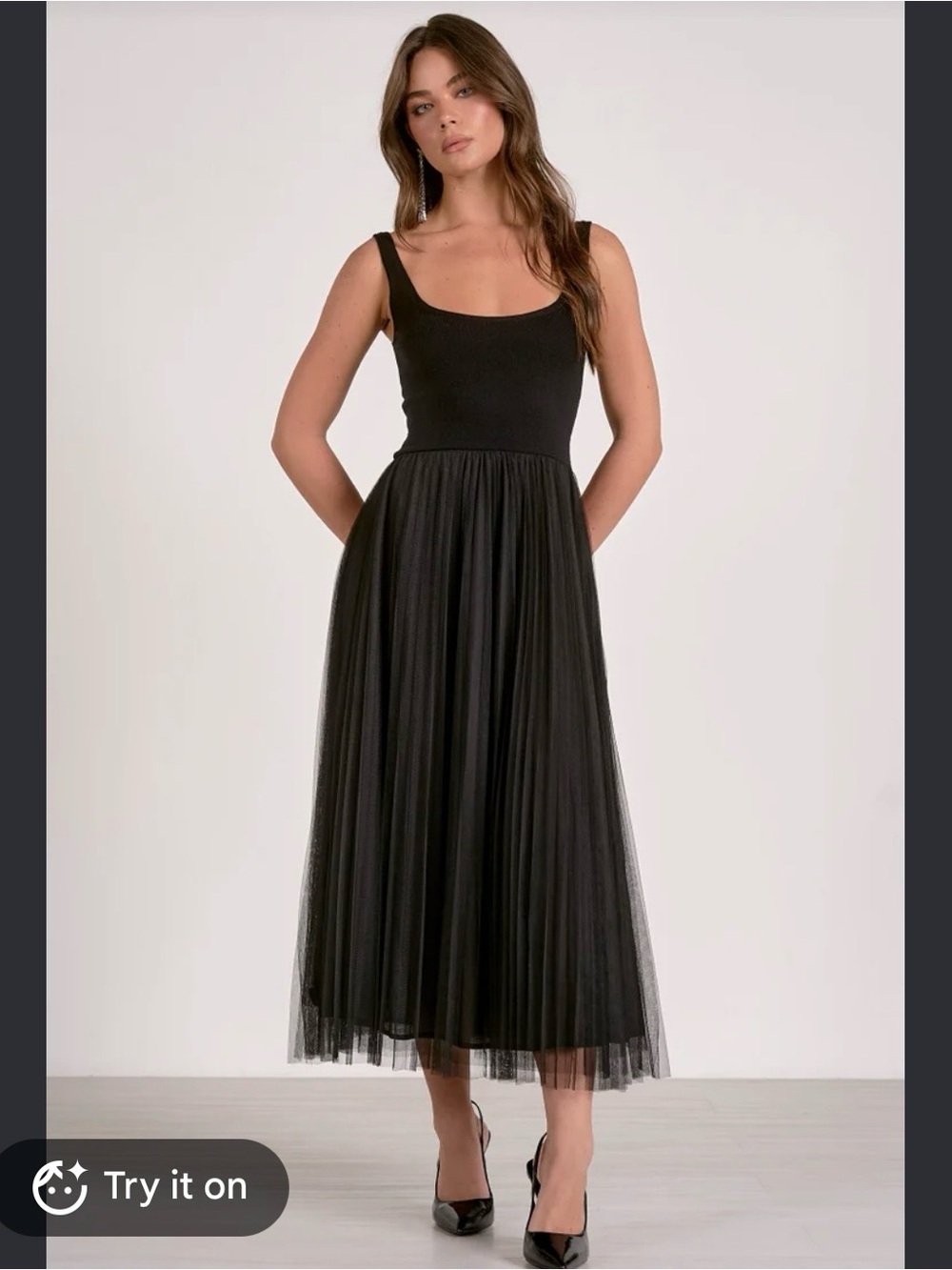 Elan Black Tulle Midi Dress with Scoop Neck Size Small Evening Cocktail Party